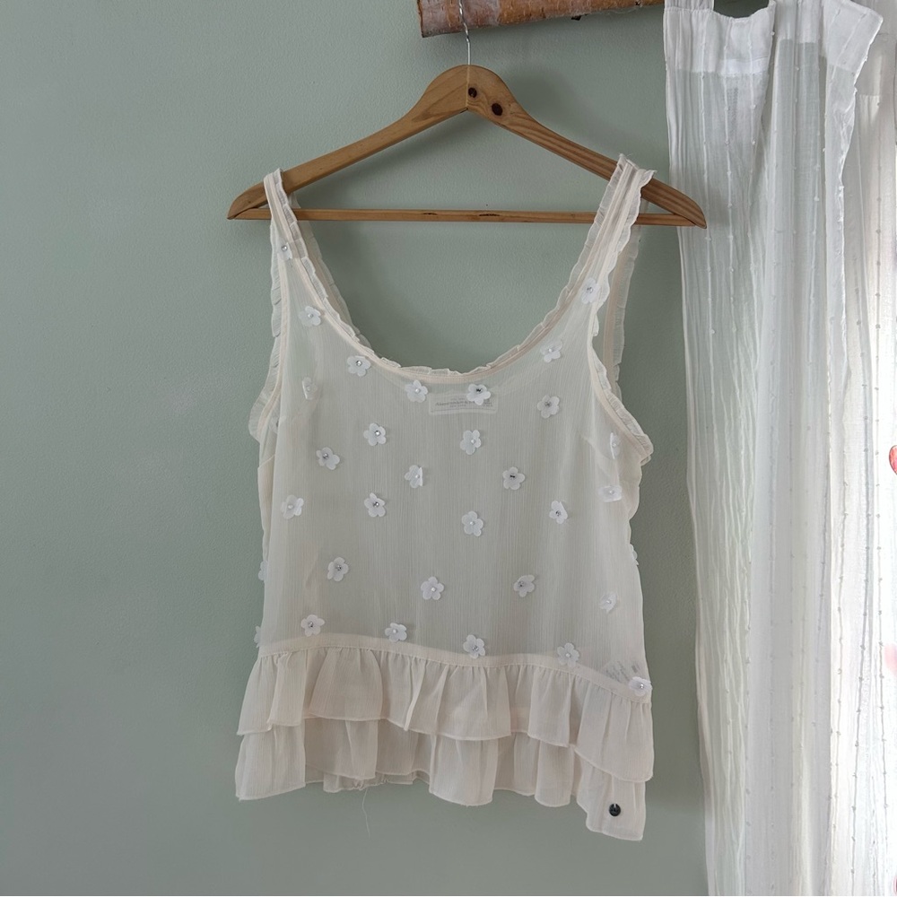 2000s Abercrombie & Fitch sheer top with flowers, pearls and studs